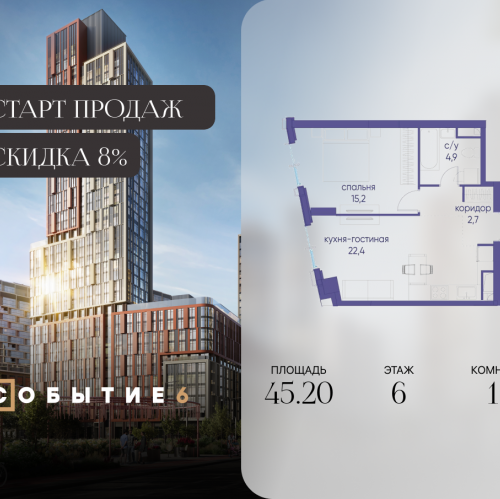 1-комн квартира ул. Лобачевского, корп. 6.2