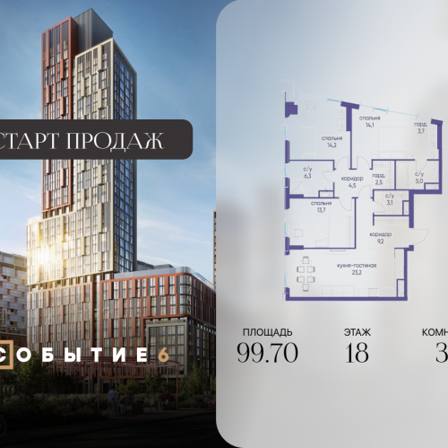 3-комн квартира ул. Лобачевского, корп. 6.2