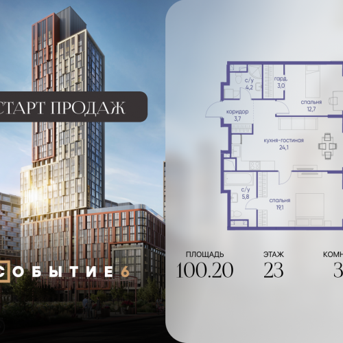 3-комн квартира ул. Лобачевского, корп. 6.2