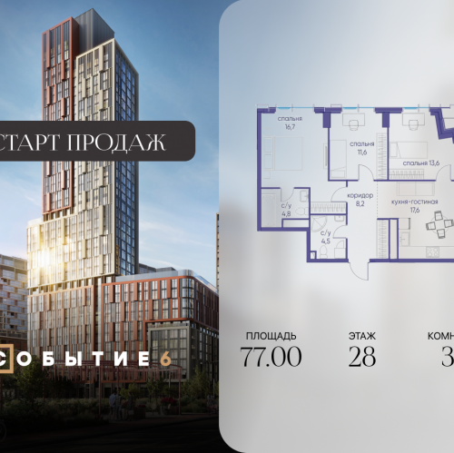 3-комн квартира ул. Лобачевского, корп. 6.2