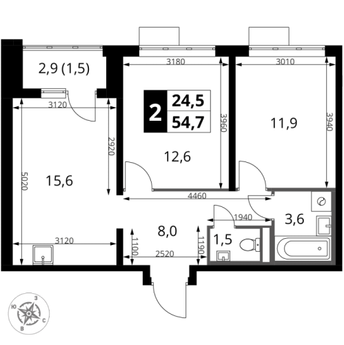 2-комн квартира Сапроново д., Калиновая ул.,  к. 3