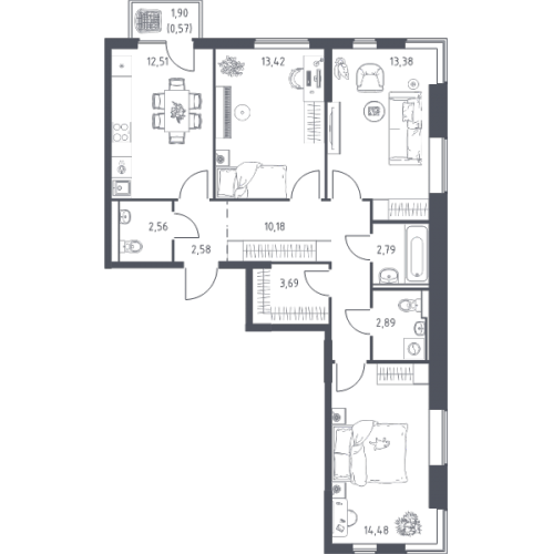 3-комн квартира Коробово д., 10 км до МКАД,  к. 6.1