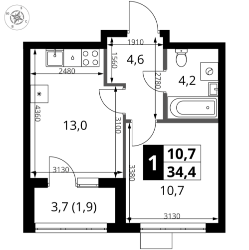 1-комн квартира Мосрентген пос., Проектируемый проезд № 7502,  к. 1