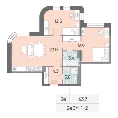 2-комн квартира Братьев Весниных б-р,  к. 1-3