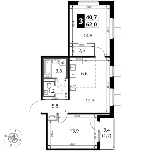 2-комн квартира Мосрентген пос., Проектируемый проезд № 7502,  к. 3