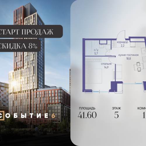 1-комн квартира ул. Лобачевского, корп. 6.2