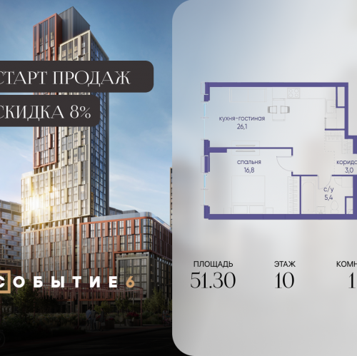 1-комн квартира ул. Лобачевского, корп. 6.2